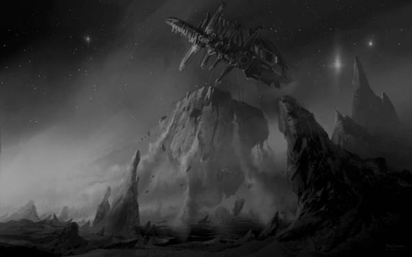 Spaceship Mining on Planet (Black & White)